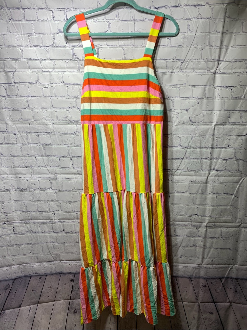 J.Crew Women Rainbow Striped Tiered Maxi Dress Sz M Beach Kidcore Casual Teacher